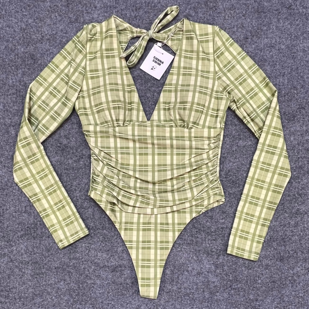 NWT Sienna Swim Bodysuit Women S Green Plaid Long Sleeve Ruched V-Neck Tie Back
